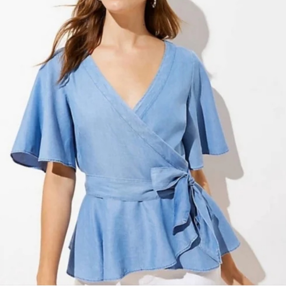 LOFT Light Blue Wrap Peplum Blouse